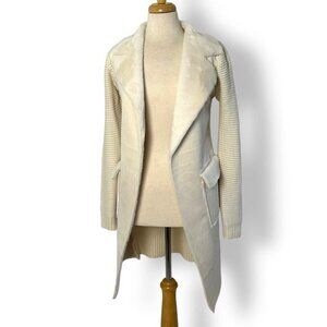 NWT Love Token Cream Faux Suede / Fur Open Long Coat Knit Sleeves Sweater Sz XS